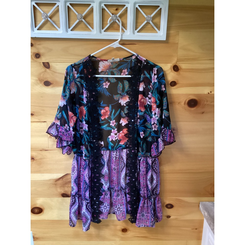 Tru Self Mixed Print Floral Paisley Lace Trim Sheer Kimono Wrap Cardigan Medium